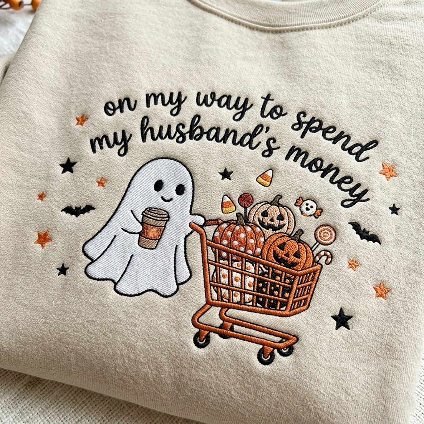 Embroidered On My Way To Spend My Husband's Money Sweatshirt, Spooky Season Crewneck, Funny Halloween Ghost Shopping Shirt, Halloween Gift