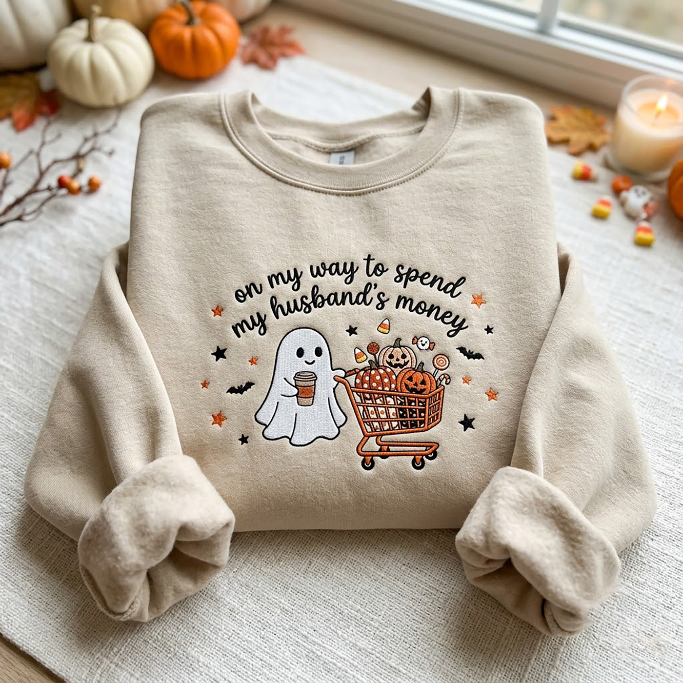Embroidered On My Way To Spend My Husband's Money Sweatshirt, Spooky Season Crewneck, Funny Halloween Ghost Shopping Shirt, Halloween Gift