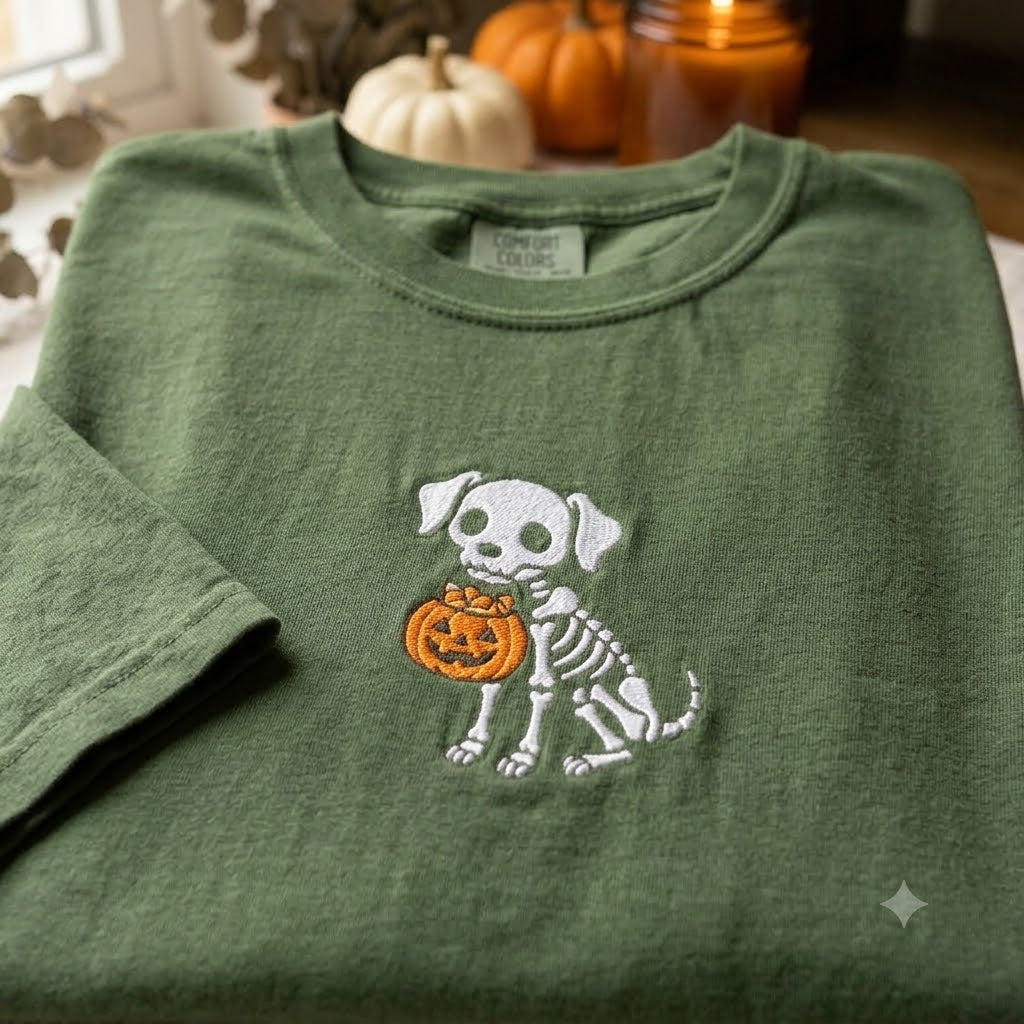 Comfort Color Embroidered Skeleton Dog Tee, Spooky Season Halloween Shirt, Cozy Fall Tee, Puppy Lover Gift, Boo Basket Gifts