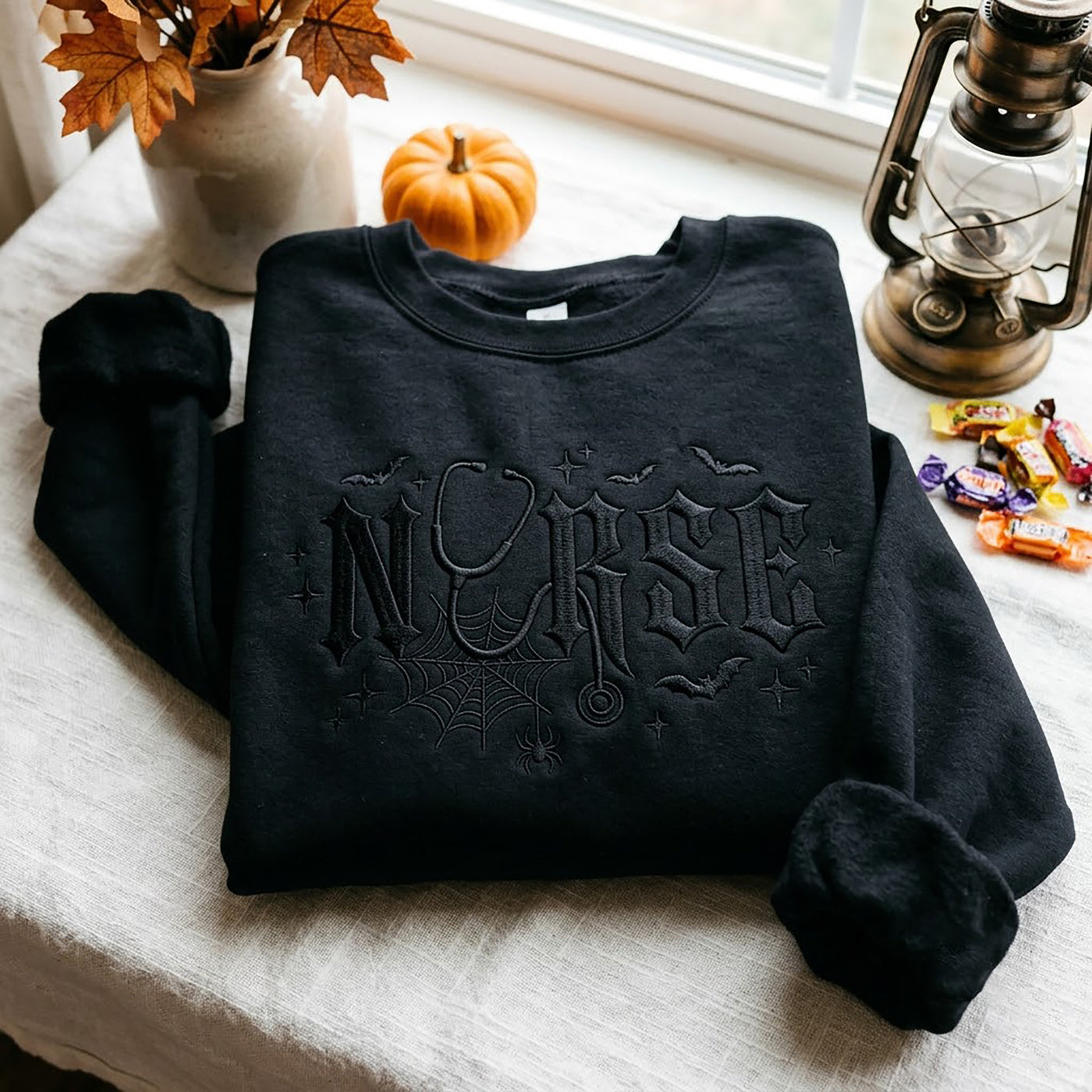 Embroidered Spooky Nurse Sweatshirt, Halloween Spooky Season Crewneck, Nursing School Shirt, Graduation RN Gift