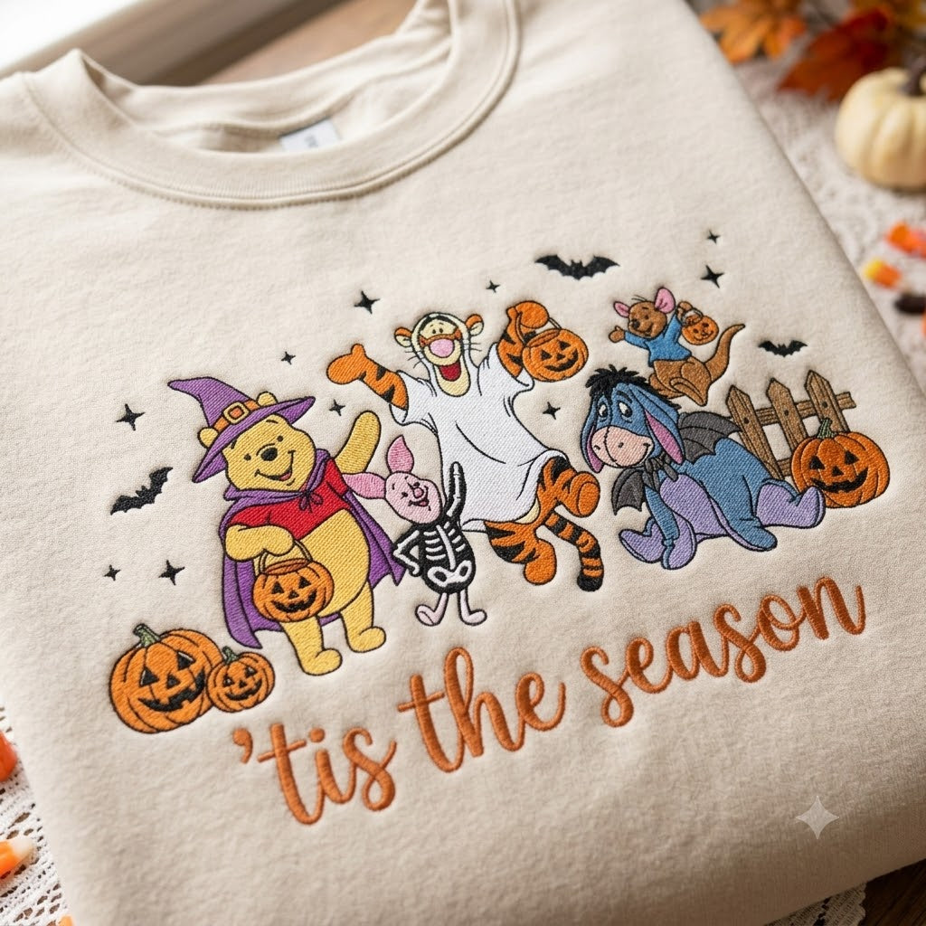 Embroidered Halloween Tis The Season Sweatshirt, Bear And Friends Spooky Crewneck, Magical Land Shirt, Trick Or Treat Tee, Spooky Friend Gift
