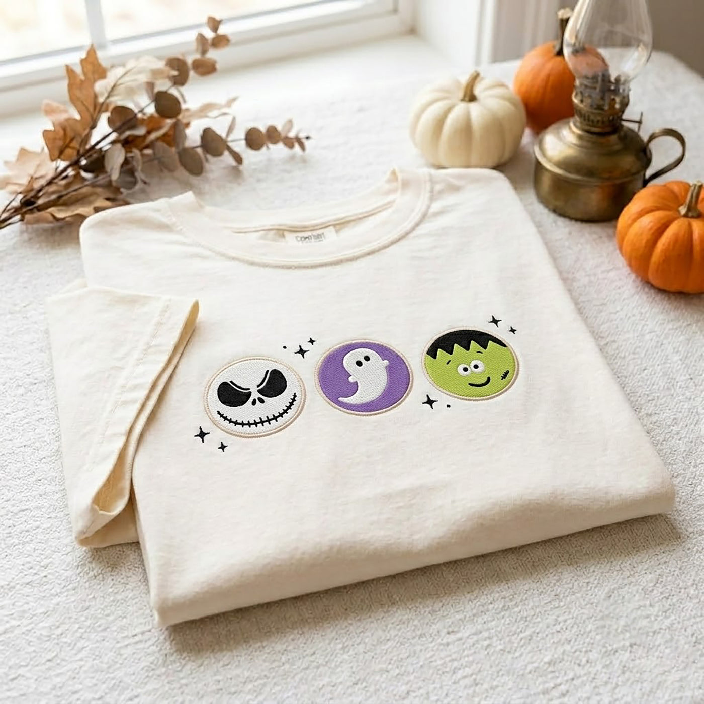 Comfort Color Embroidered Halloween Cookie Shirt, Pumpkin Ghost Shirt, Black Cat Tee, Halloween Gift