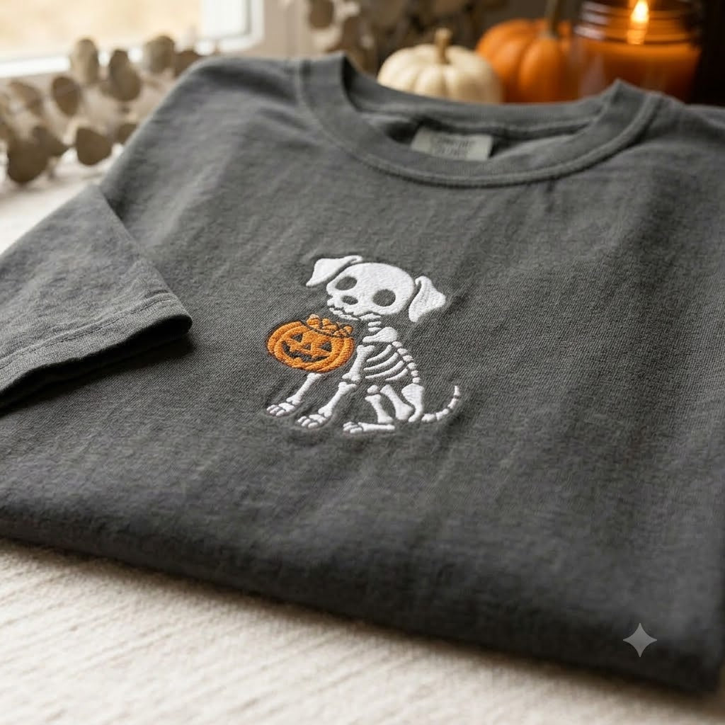 Comfort Color Embroidered Skeleton Dog Tee, Spooky Season Halloween Shirt, Cozy Fall Tee, Puppy Lover Gift, Boo Basket Gifts