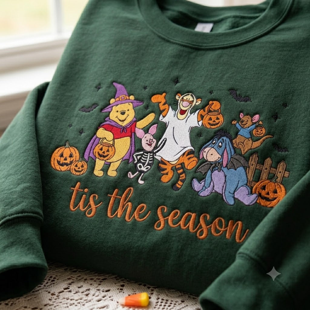 Embroidered Halloween Tis The Season Sweatshirt, Bear And Friends Spooky Crewneck, Magical Land Shirt, Trick Or Treat Tee, Spooky Friend Gift