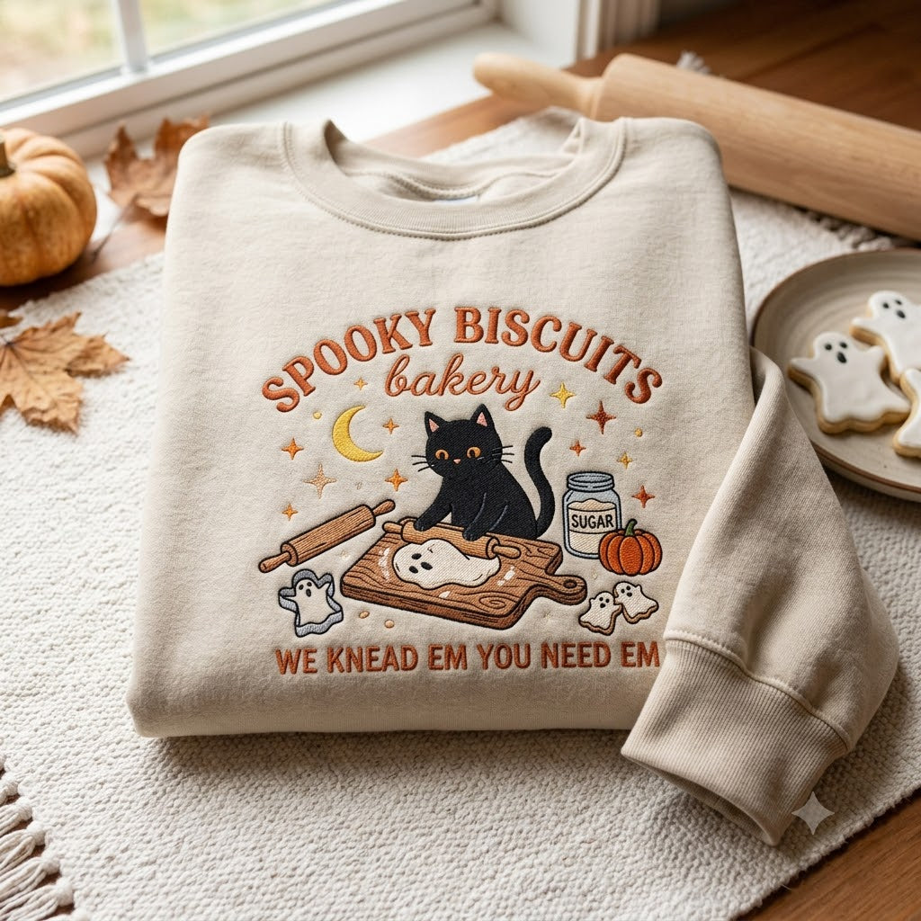 Embroidered Kitty Biscuits Sweatshirt, Spooky Season Crewneck, Black Cat Halloween Shirt, Baking Pumpkin Tee, Cat Lover Gift