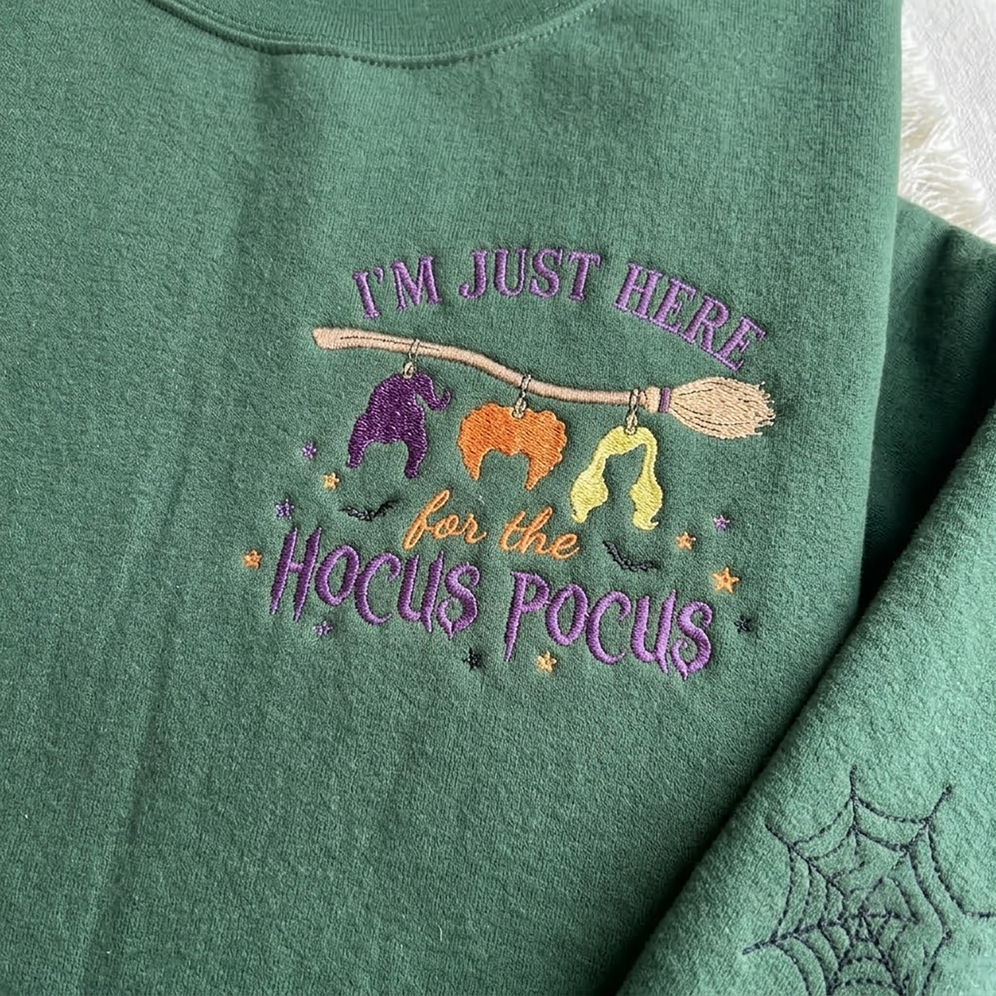 Witchy Halloween Embroidered Sweatshirt, I'm Just Here for the Magic Crewneck, Spooky Season Shirt, Halloween Witch Tee, Cozy Fall Gift