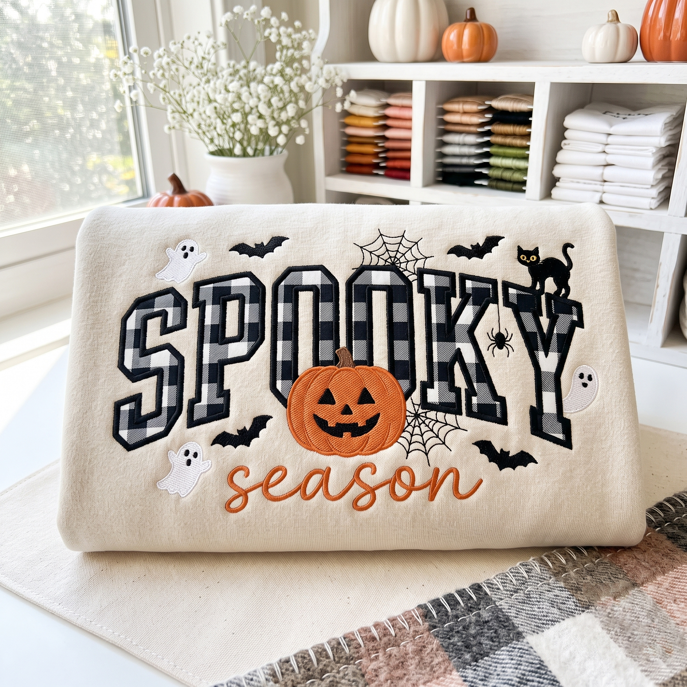 Spooky Season Embroidered Sweatshirt, Pumpkin Ghost Halloween Tee, Gingham Applique Crewneck, Fall Shirt, Cozy Season Gift, Halloween Gift