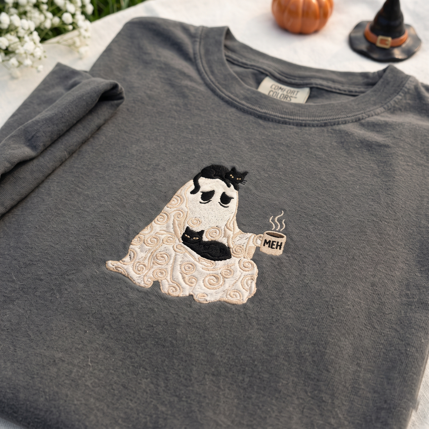 Embroidered Funny Ghost Comfort Color Tee, Introvert Halloween Shirt, Black Cat and Coffee Spooky Season T-Shirt, Lazy Costume Fall Top