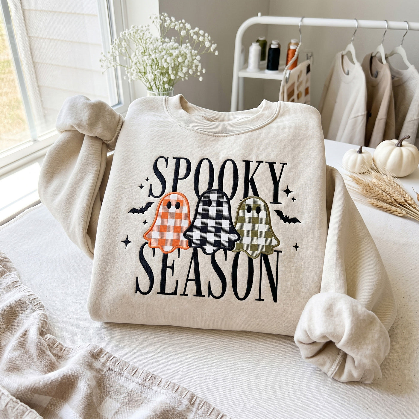 Spooky Season Sweatshirt, Cute Ghost Sweatshirt, Fall Crewneck, Halloween Gingham Shirt, Cozy Autumn Pullover, Gift for Her, Halloween Gift