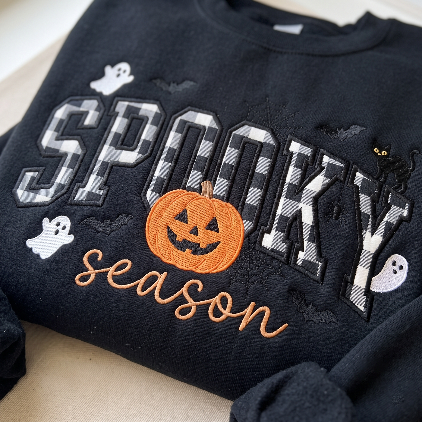 Spooky Season Embroidered Sweatshirt, Pumpkin Ghost Halloween Tee, Gingham Applique Crewneck, Fall Shirt, Cozy Season Gift, Halloween Gift