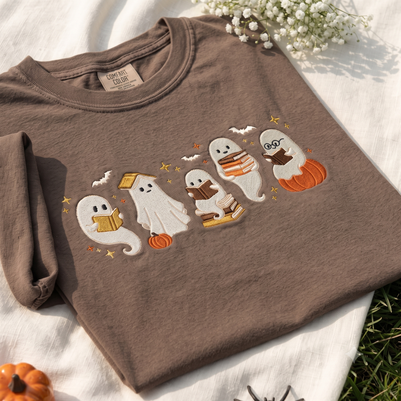 Ghost Reading Club Embroidered Comfort Colors Tee, Halloween Book Lover Shirt, Cute Spooky Library T Shirt, Teacher Librarian Fall Gift