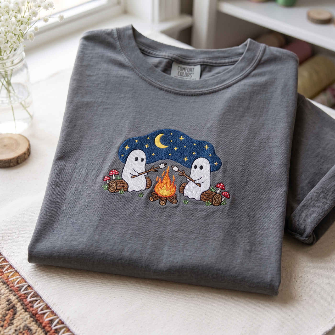 Cute Ghosts Campfire Embroidered Tee, Halloween Shirt, Halloween Ghost Tee, Spooky Season Outdoors Gifts, Autumn Camping Gift
