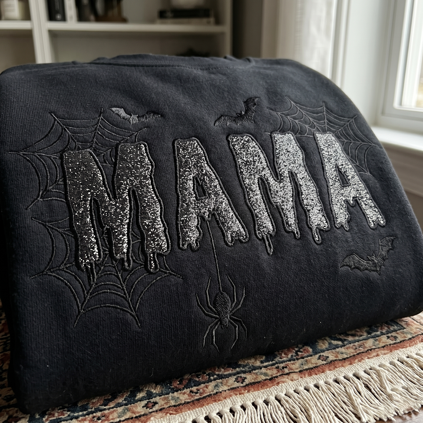 Mama Halloween Glitter Applique Sweatshirt, Halloween Mom Sweatshirt, Spooky Mama Embroidered Crewneck, Spider Web Bat Tee, Fall Mama Gift