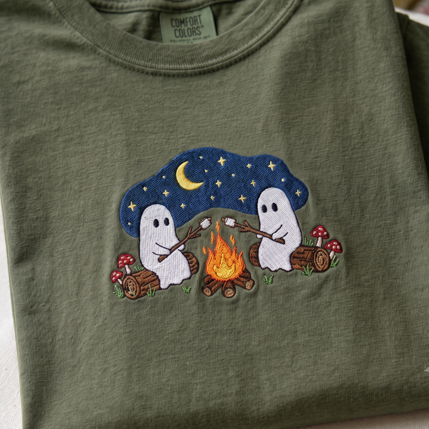 Cute Ghosts Campfire Embroidered Tee, Halloween Shirt, Halloween Ghost Tee, Spooky Season Outdoors Gifts, Autumn Camping Gift