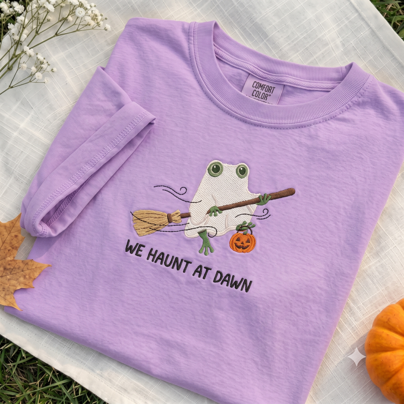 We Haunt at Dawn Frog Ghost Embroidered Comfort Colors Tee, Pumpkin Lantern Halloween Shirt, Cute Spooky Season Frog Lover Gift