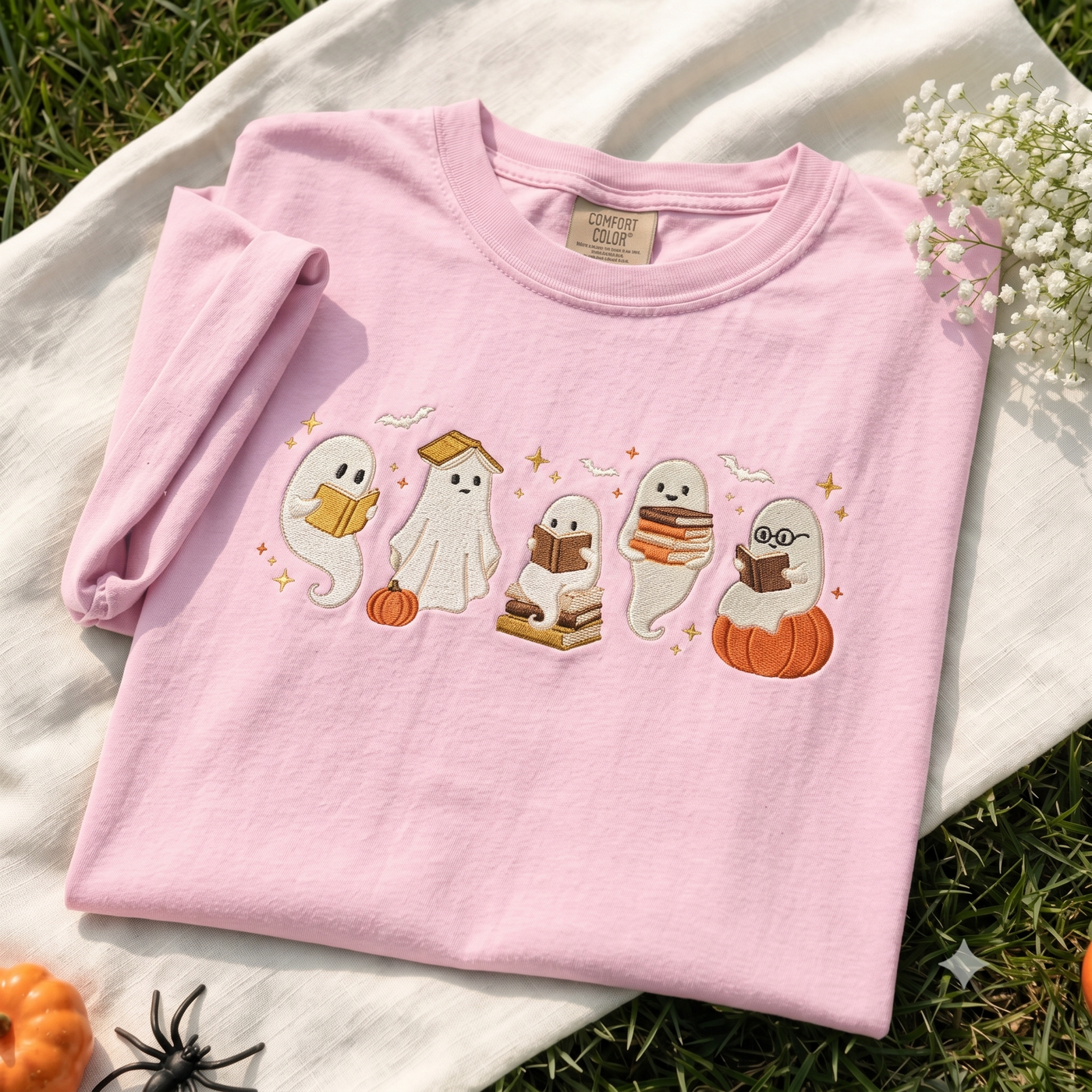 Ghost Reading Club Embroidered Comfort Colors Tee, Halloween Book Lover Shirt, Cute Spooky Library T Shirt, Teacher Librarian Fall Gift