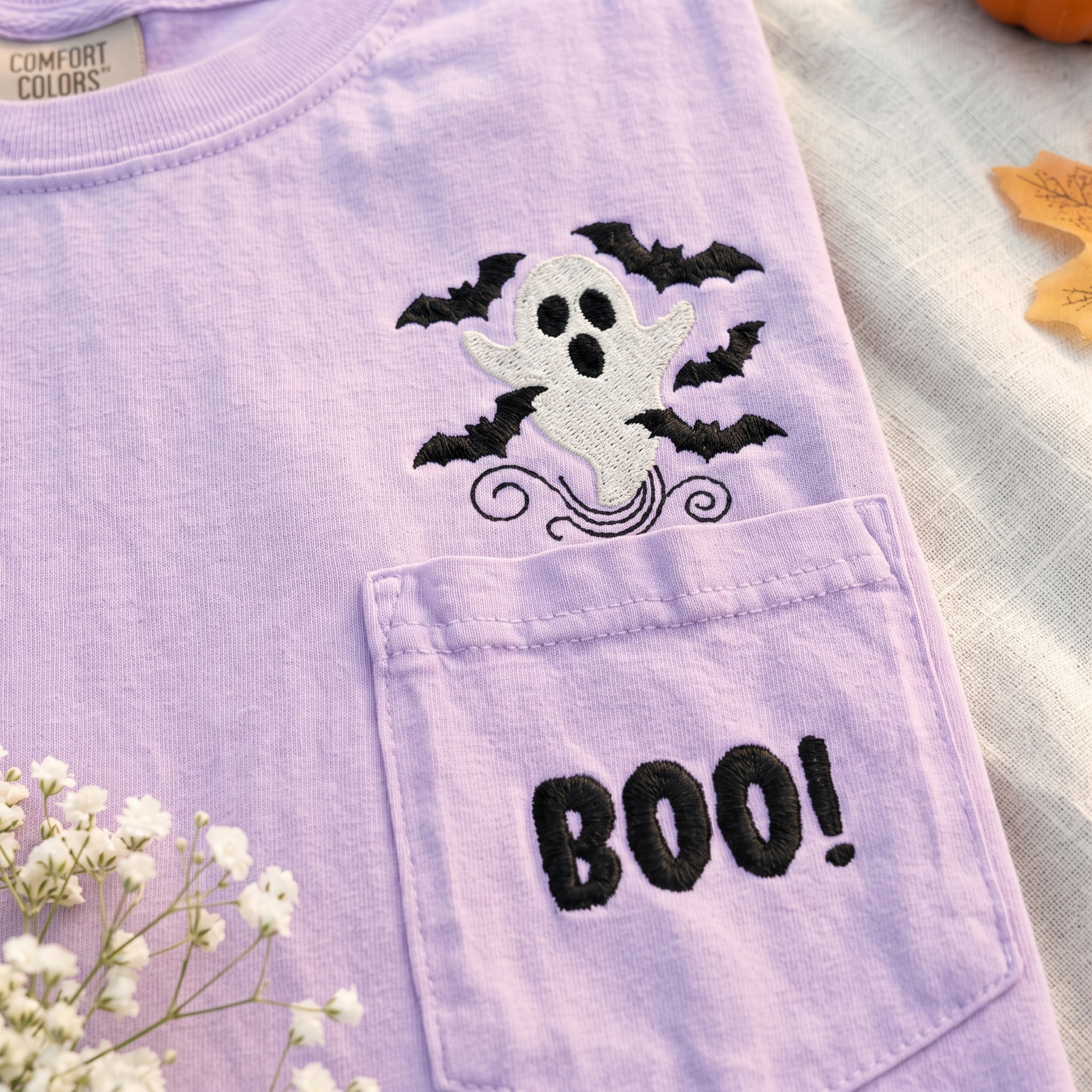 Boo Ghost and Bats Embroidered Comfort Colors Pocket Tee, Cute Halloween Shirt, Spooky Fall T Shirt, Ghost Lover Gift
