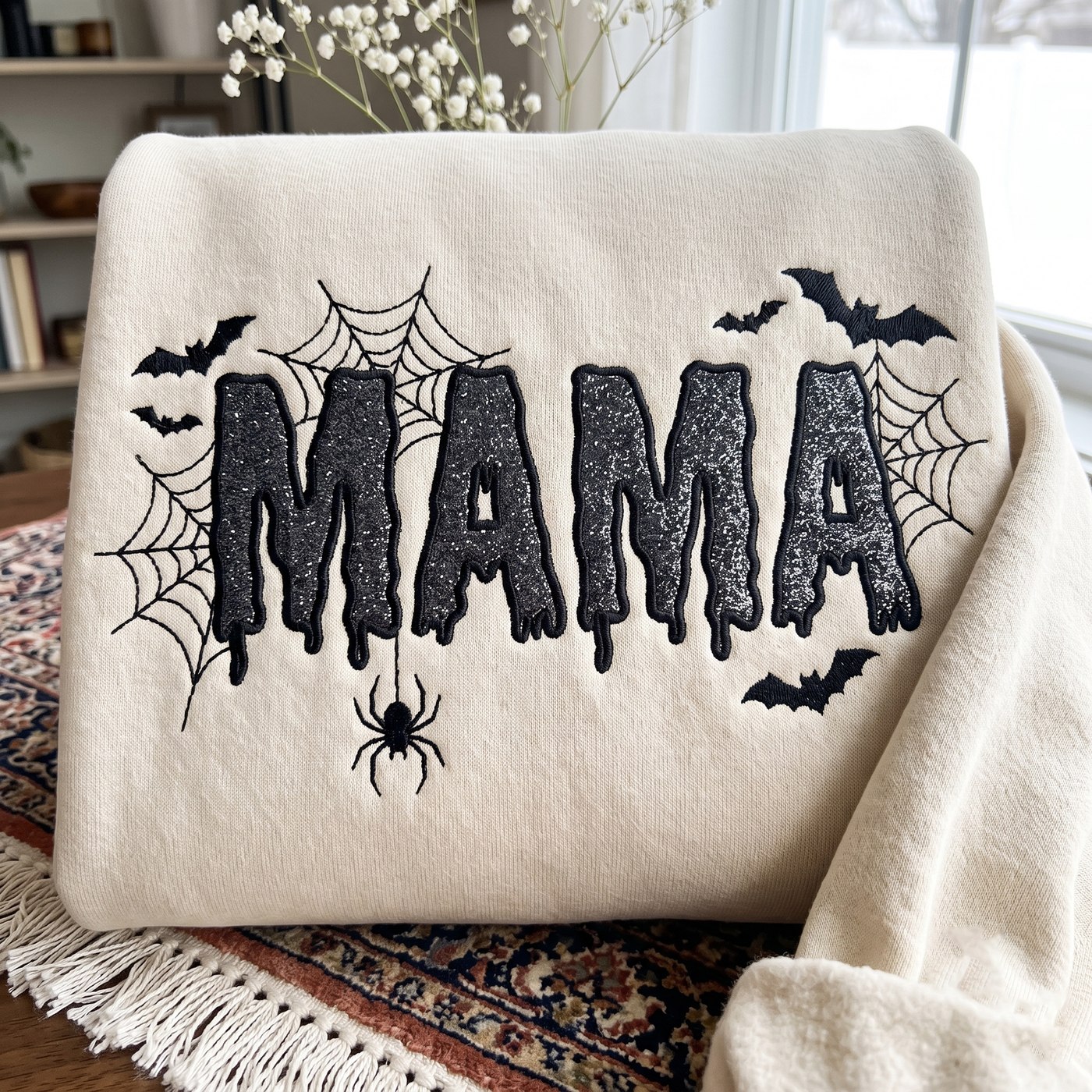 Mama Halloween Glitter Applique Sweatshirt, Halloween Mom Sweatshirt, Spooky Mama Embroidered Crewneck, Spider Web Bat Tee, Fall Mama Gift