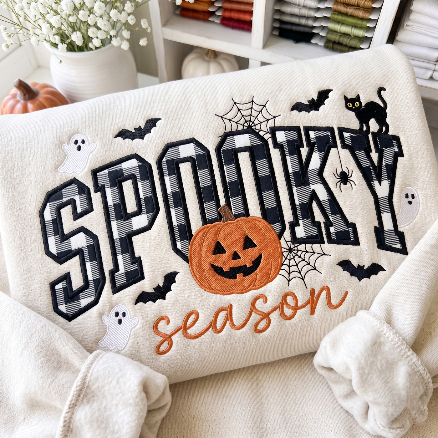 Spooky Season Embroidered Sweatshirt, Pumpkin Ghost Halloween Tee, Gingham Applique Crewneck, Fall Shirt, Cozy Season Gift, Halloween Gift