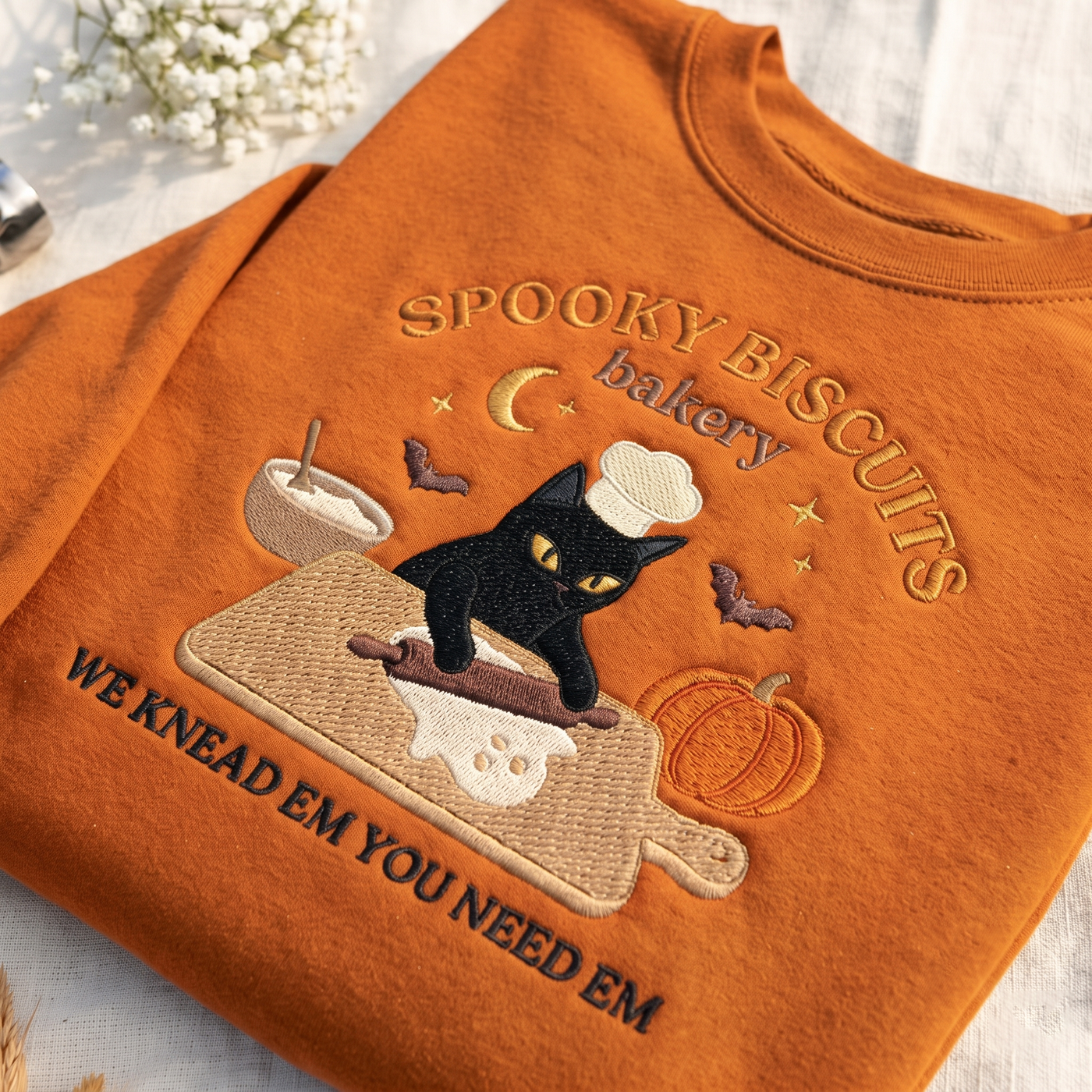 Embroidered Spooky Biscuits Sweatshirt, Funny Black Cat Baking Crewneck, Halloween Pumpkin Sweater, Cat Lover Fall Gift