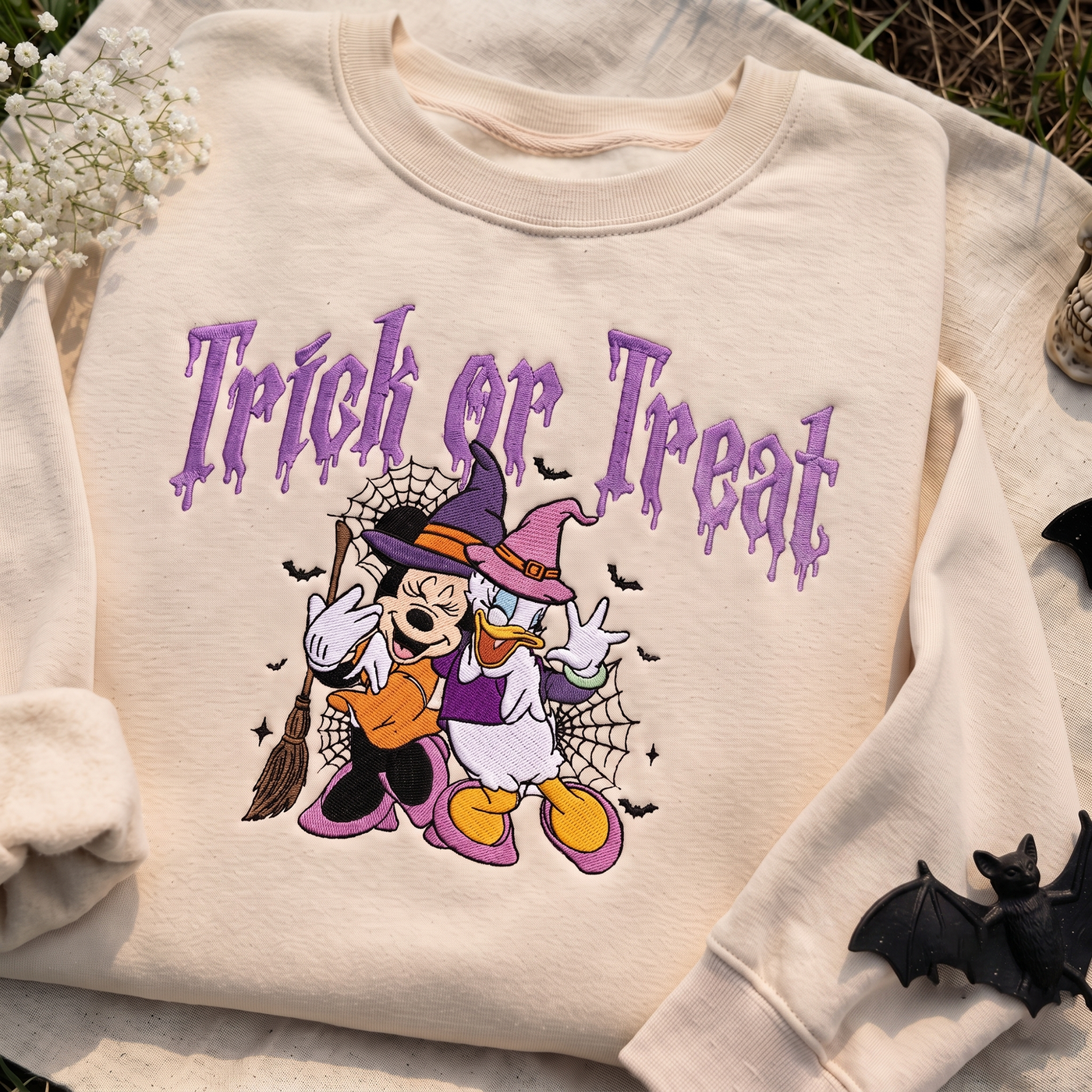 Embroidered Cartoon Witch Best Friends Sweatshirt, Trick or Treat Halloween Crewneck, Spooky Duo Sweater, Cute Fall Gift for Women