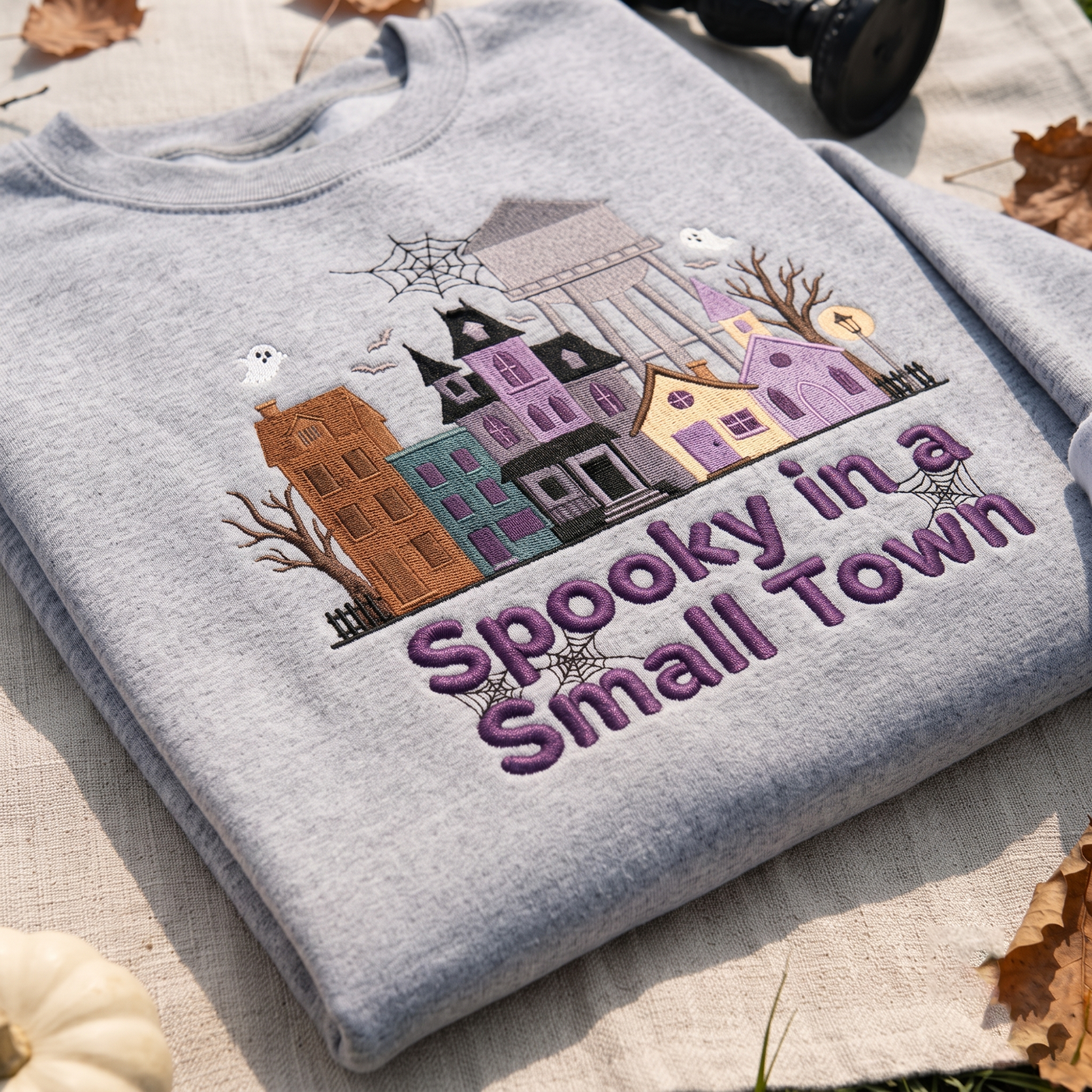 Embroidered Spooky Small Town Sweatshirt, Haunted Village Halloween Crewneck, Ghost House Fall Sweater, Cozy Autumn Gift for Women