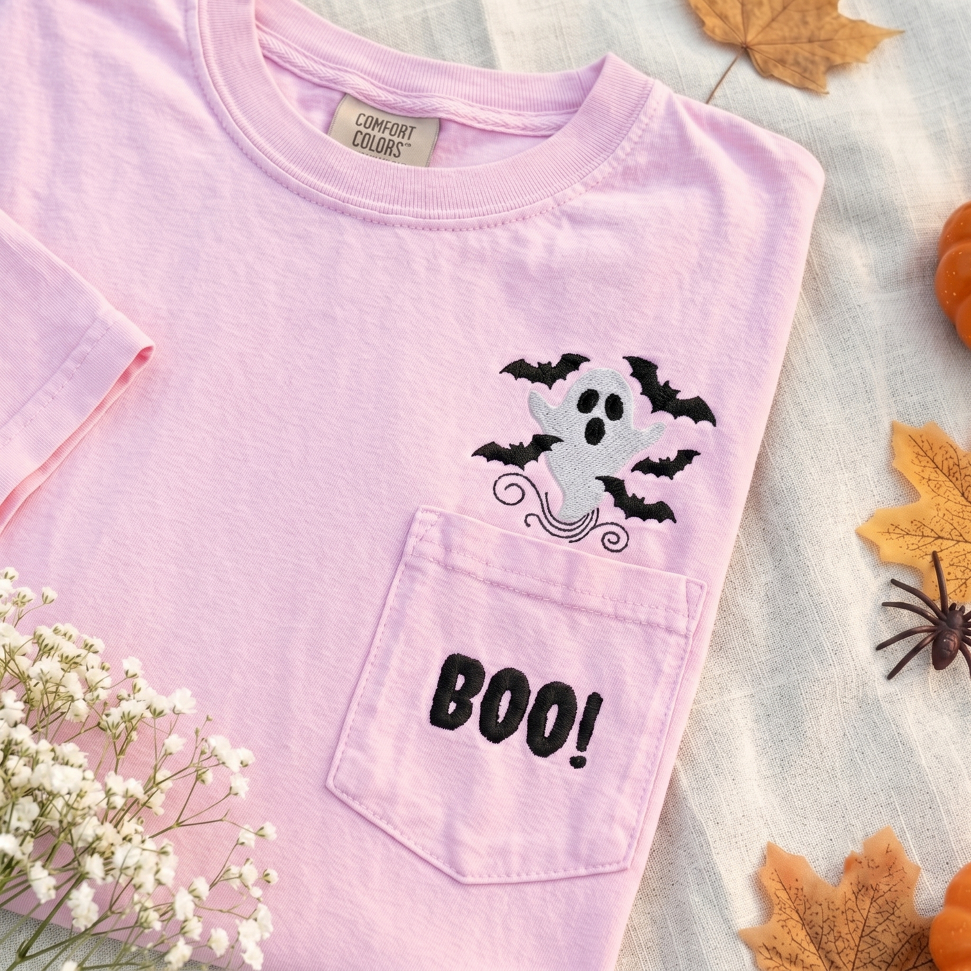 Boo Ghost and Bats Embroidered Comfort Colors Pocket Tee, Cute Halloween Shirt, Spooky Fall T Shirt, Ghost Lover Gift
