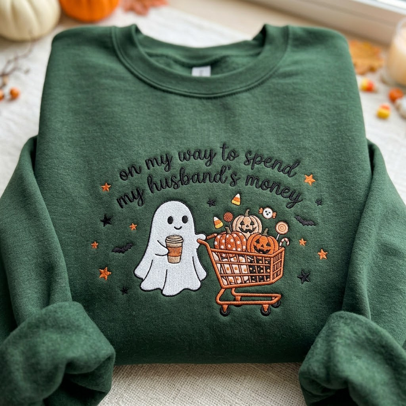 Embroidered On My Way To Spend My Husband's Money Sweatshirt, Spooky Season Crewneck, Funny Halloween Ghost Shopping Shirt, Halloween Gift