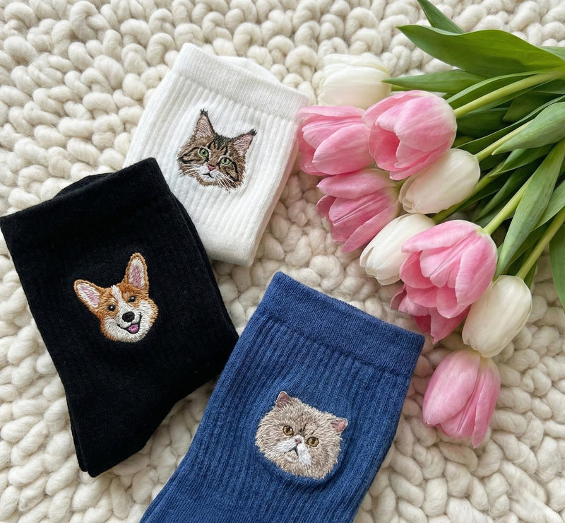 Custom Embroidered Pet Portrait Socks, Dog Cat Face Embroidered Socks, Personalized Cat & Dog Gift, Cute Gift For Pet Lover