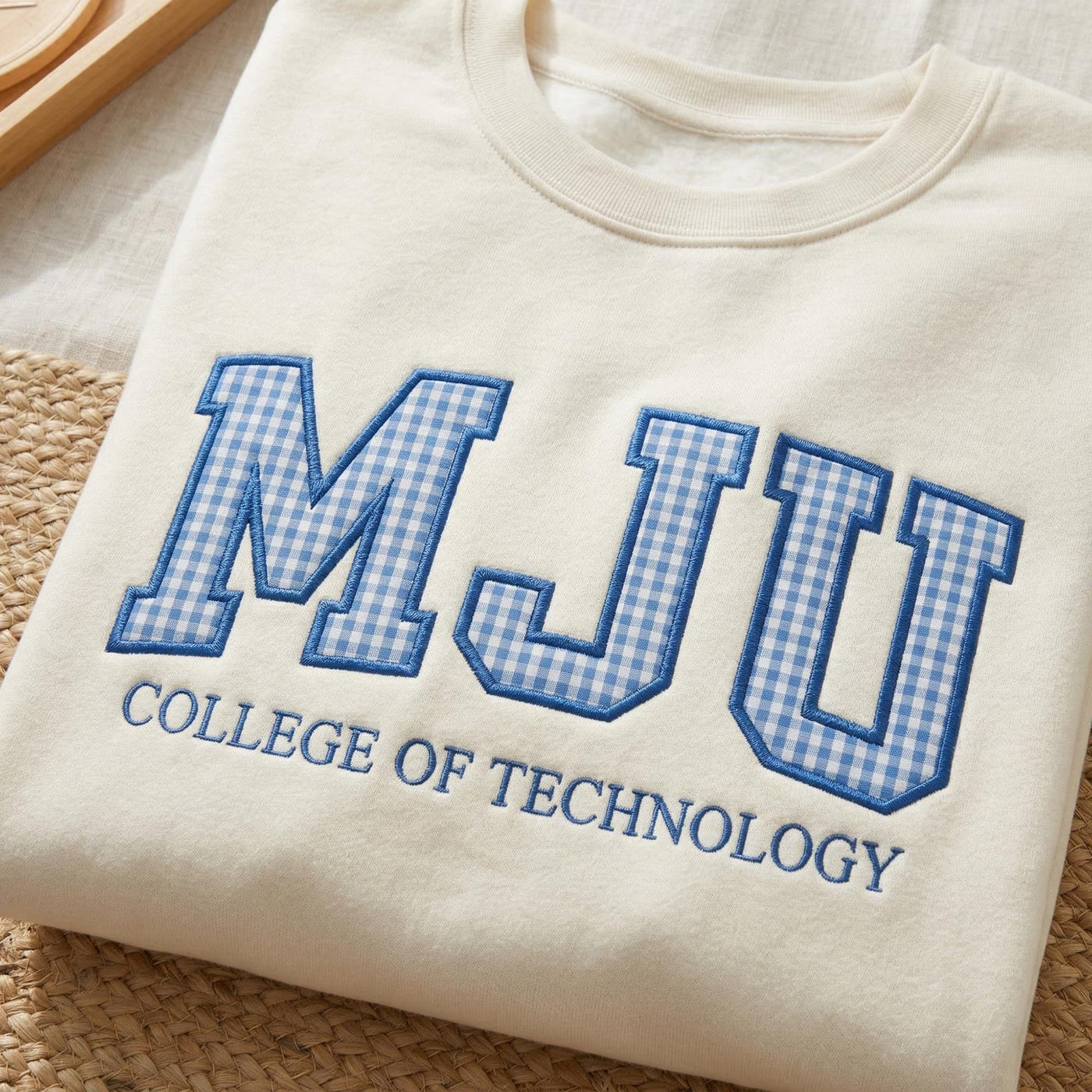 Embroidered Custom Mascot Sweatshirt, Gingham Applique College Shirt, Custom School Spirit Crewneck, Game Day Gift, Back To School Gift