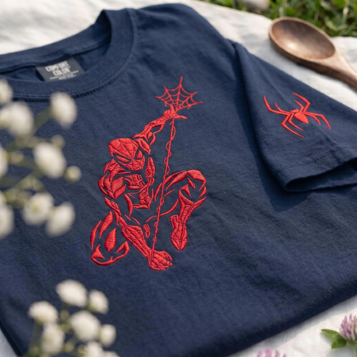 Embroidered Spider Hero Comfort Color TShirt, Red Web Hero Tee, Black Comic Inspired Shirt With Sleeve Spider Design, Gift for Comic Fan