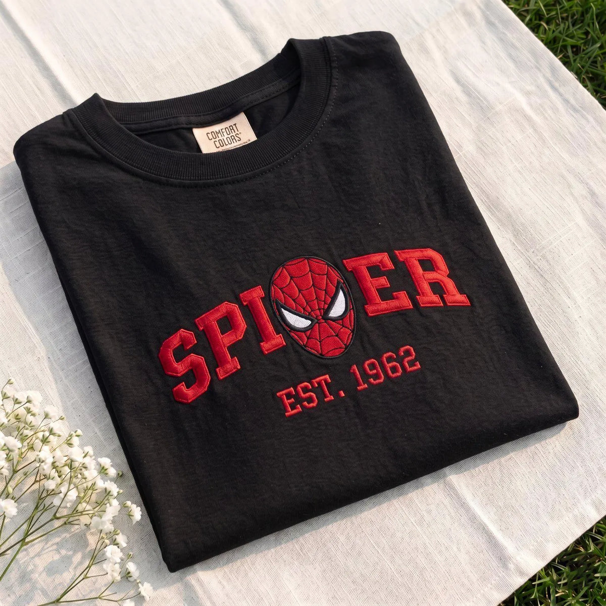 Superhero Embroidered T-shirt, Cartoon Embroidered, Trending Crewneck, Spider Tee, Birthday Gift, Fantasy Hero Fan Shirt
