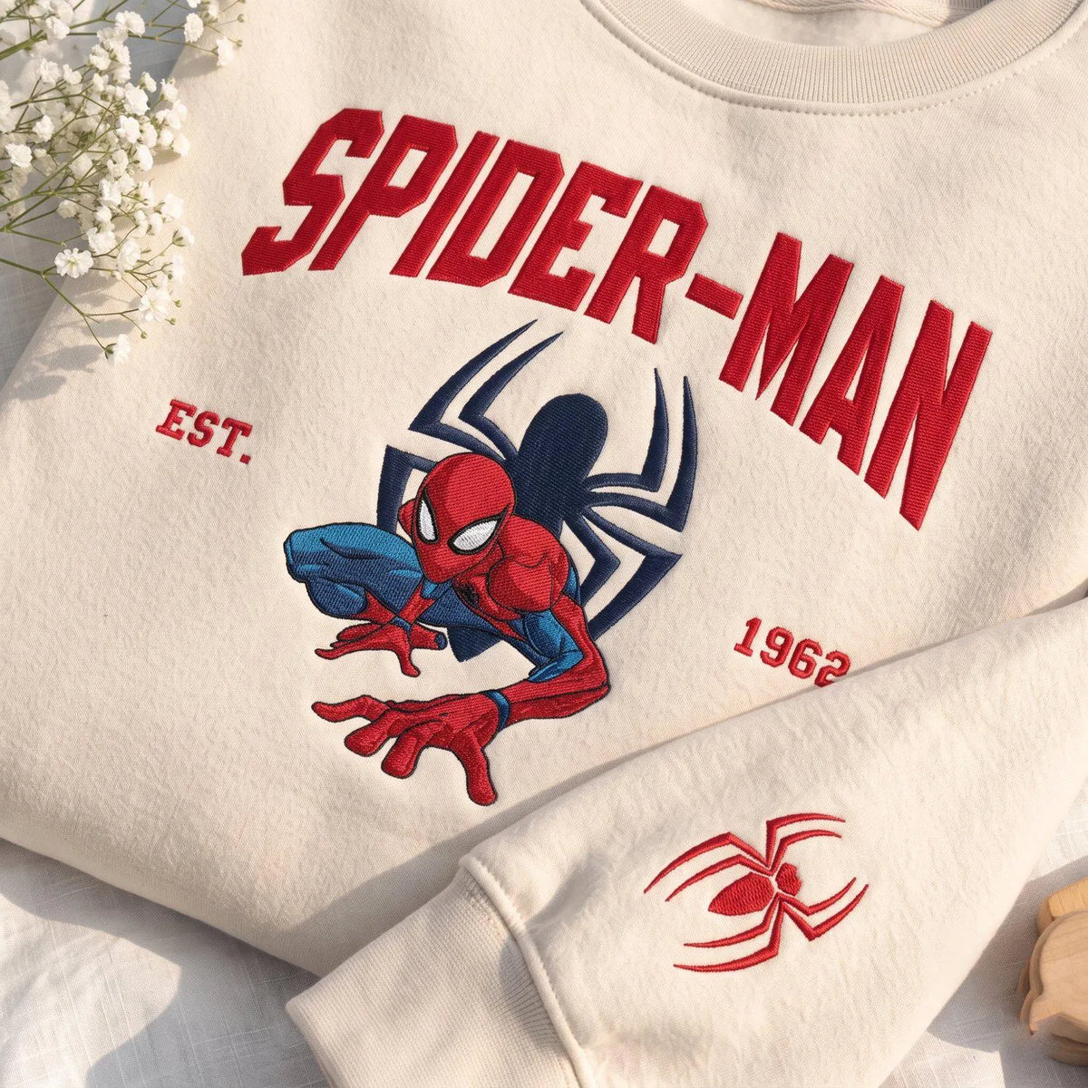 Web Hero Embroidered Sweatshirt, Red Blue Superhero Crewneck, Spider Logo Sleeve, Comic Inspired Gift for Him