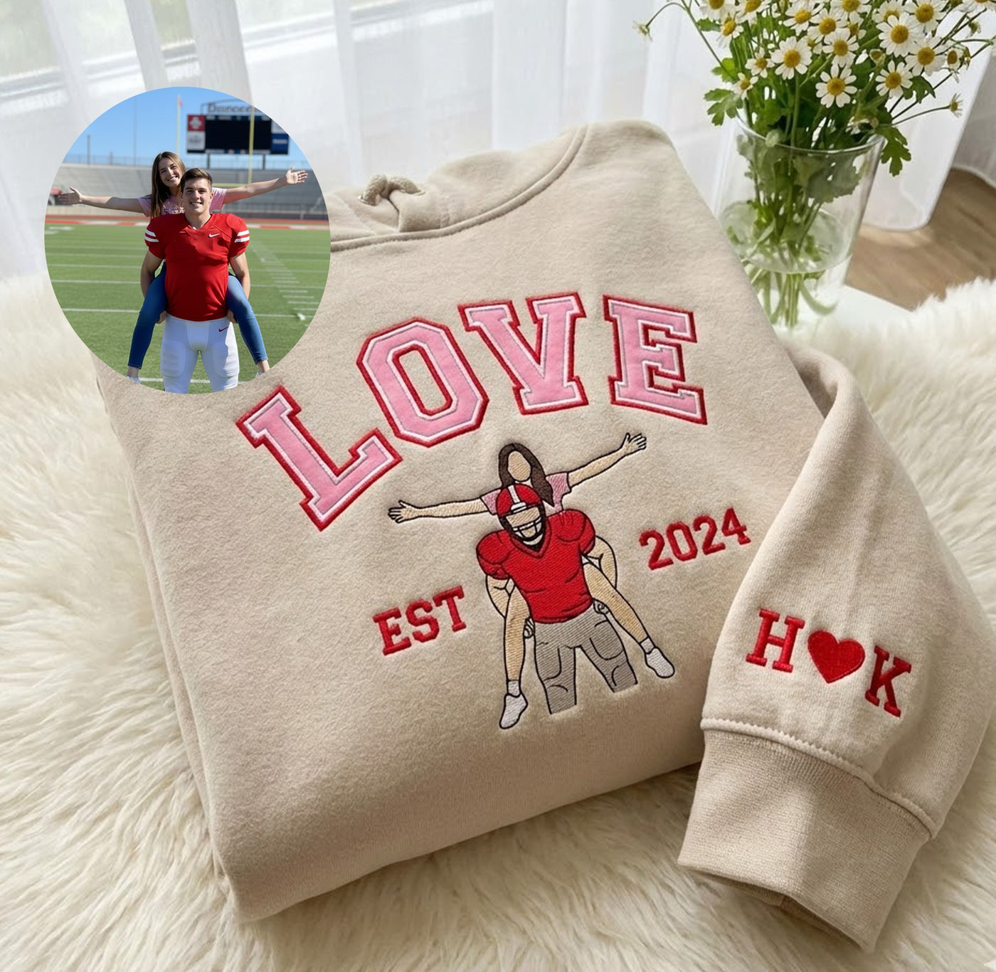 Custom Couple Portrait Embroidered Sweatshirt, Custom Text And Year Embroidered Sweatshirt, 1 St Anniversary Love Sweatshirt, Boy Friend Valentine Gift