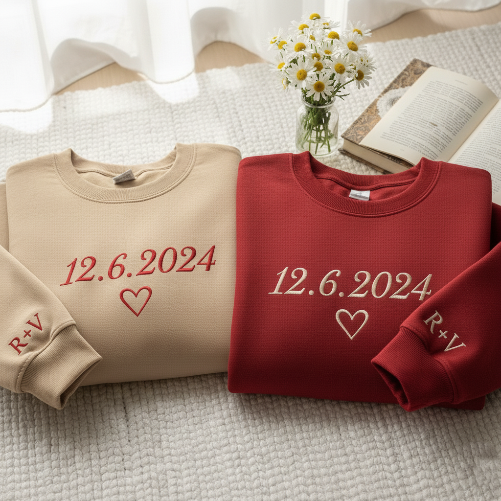 Personalized Date Sweatshirt With Initials On Sleeve, Embroidered Custom Couple Hoodie, Anniversaries Outfit, Matching Valentines Clothing, Wedding Gift