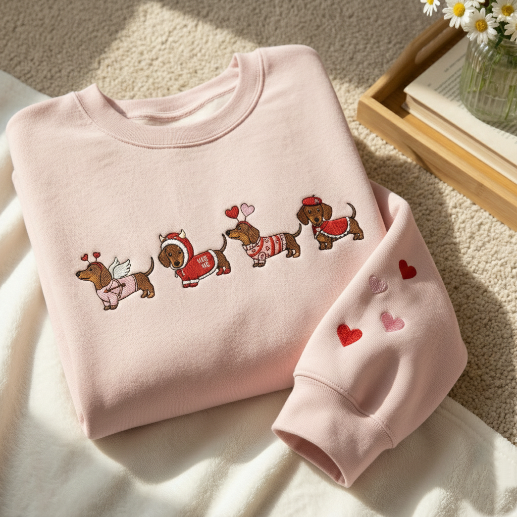 Embroidered Dachshund Sweater: Valentine Sausage Dog Shirt, Dog Breed Gift