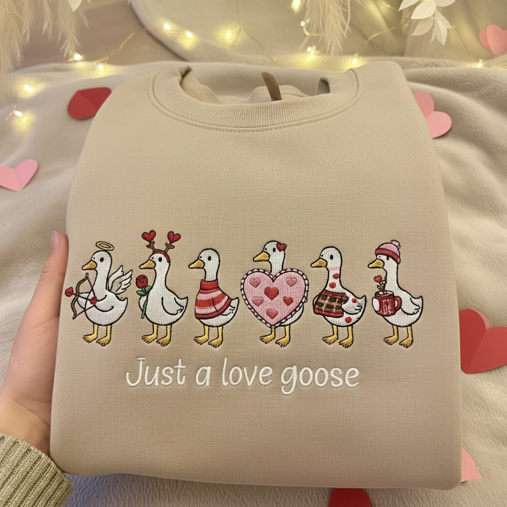Funny Goose Valentine Embroidered Sweatshirt, Just a Love Goose Pullover, Romantic Goose Shirt, Anniversary Gift