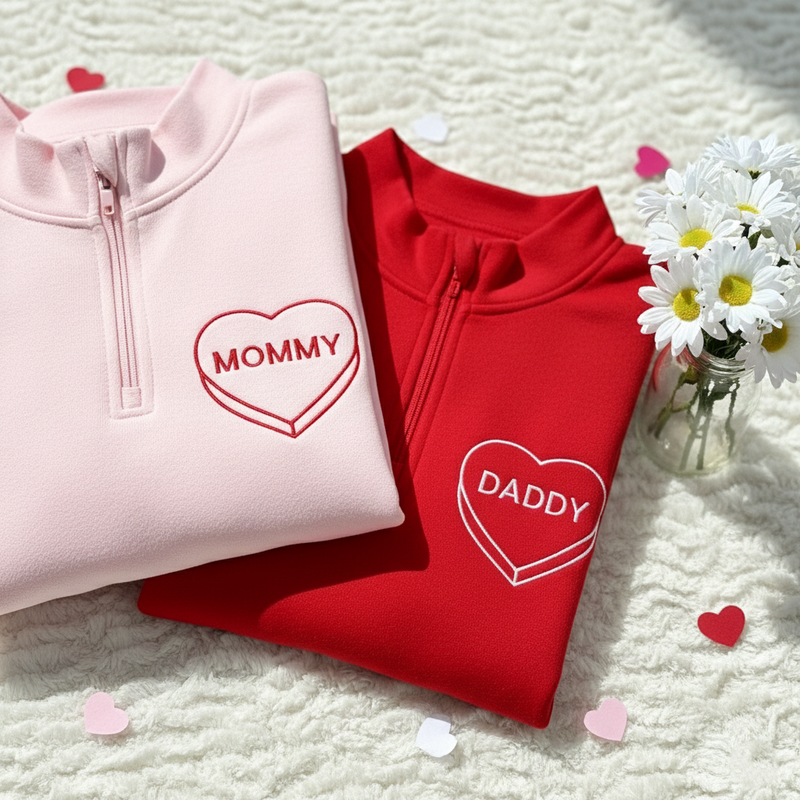 Custom Heart Candy Embroidered Quater Zip Shrit, Mom Dad Valentine Quater Zip Sweatshirt, New Mom Dad Valentine Shirt