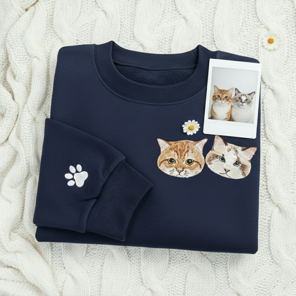 Custom Pet Photo Embroidered Sweatshirt, Personalized Dog Sweater, Embroidered Cat Face Crewneck, Dog Mom Shirt, Pet Lover Gift