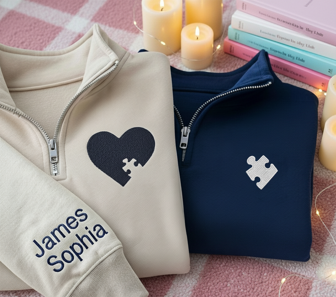 Matching Puzzle Piece Couple Quater Zip Sweatshirt, Custom Embroidered Heart Pullover with Initials, Long Distance Gift, His & Hers Anniversary
