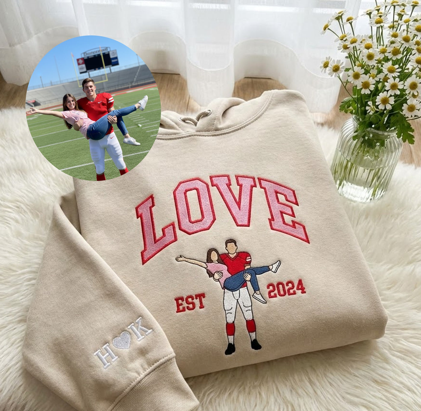Custom Couple Portrait Embroidered Sweatshirt, Custom Text Embroidered Sweatshirt, 1 St Anniversary Love Sweatshirt, Boy Friend Valentine Gift