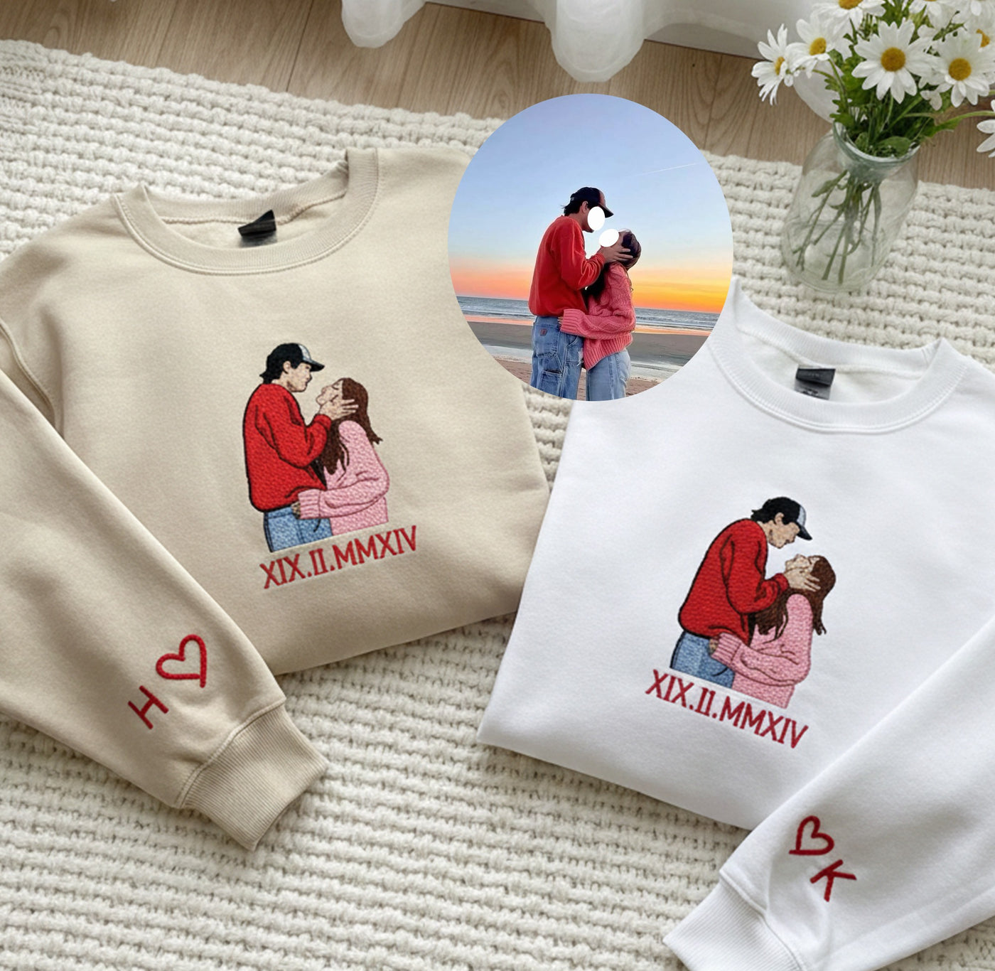 Custom Couple Portrait Embroidered Sweatshirt, Custom Roman Numberal Embroidered Sweatshirt, 1 St Anniversary Love Sweatshirt, Boy Friend Valentine Gift