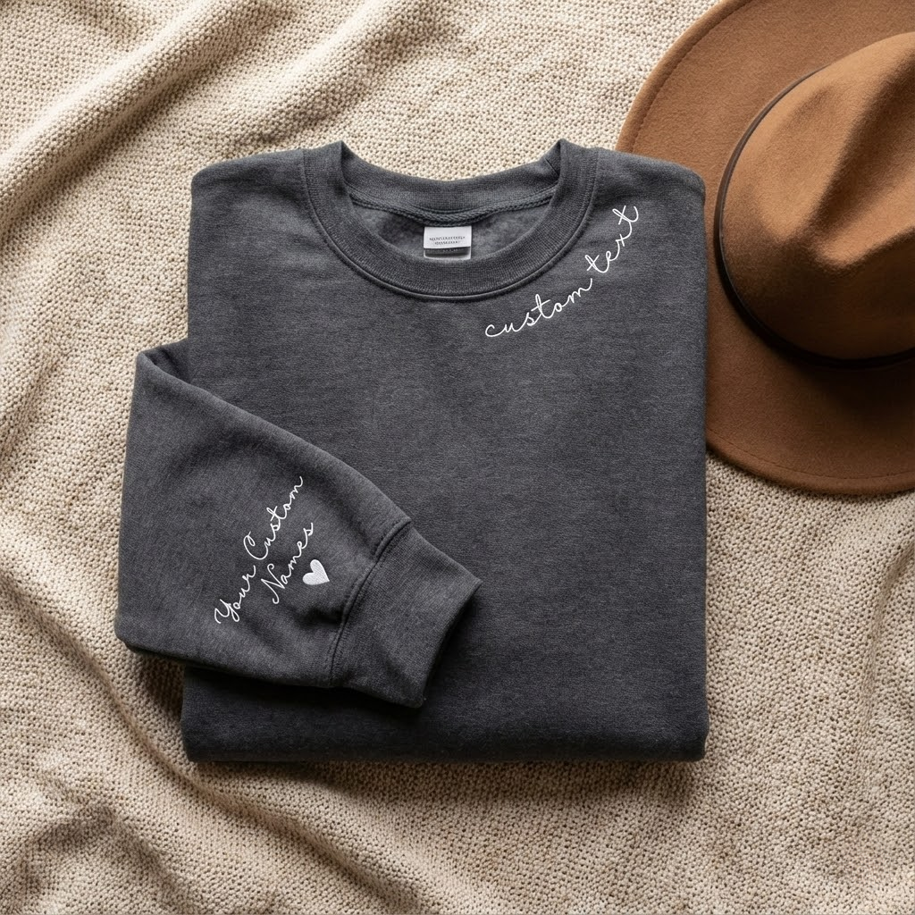 Custom Text on the Neck and Names on the Sleeve Sweatshirt, Personalized Names Initials on Sleeve, Custom Crewneck Sweatshirt, Valentine Day Gifts