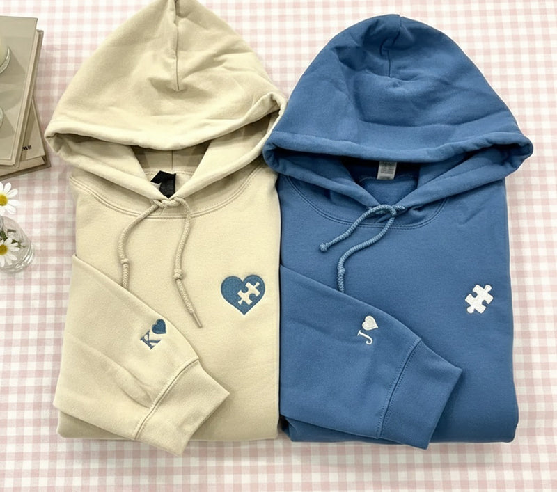 Custom Embroidered Sweatshirt, Heart and Puzzle Piece Couples Hoodie, Initial With Heart On Sleeve, Anniversary Gift, Valentines Day Gift