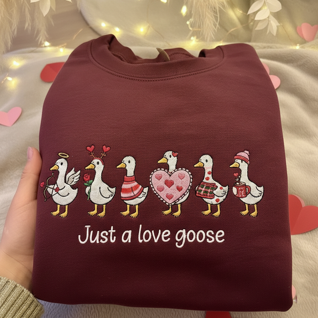 Funny Goose Valentine Embroidered Sweatshirt, Just a Love Goose Pullover, Romantic Goose Shirt, Anniversary Gift