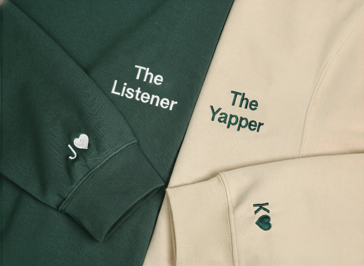 Embroidered Custom Couple Sweatshirt: Listener & Yapper Matching Shirts, Initial With Heart On Sleeve, Anniversary Gift