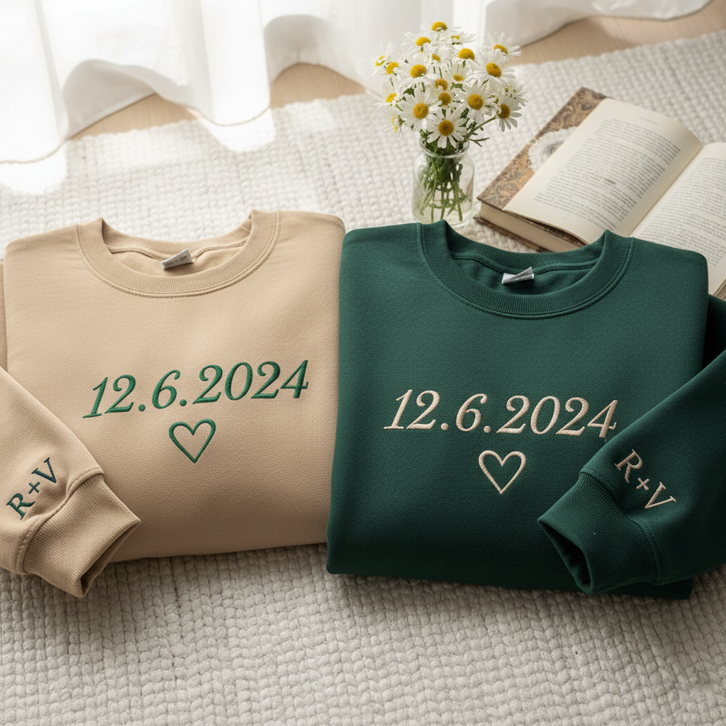 Personalized Date Sweatshirt With Initials On Sleeve, Embroidered Custom Couple Hoodie, Anniversaries Outfit, Matching Valentines Clothing, Wedding Gift