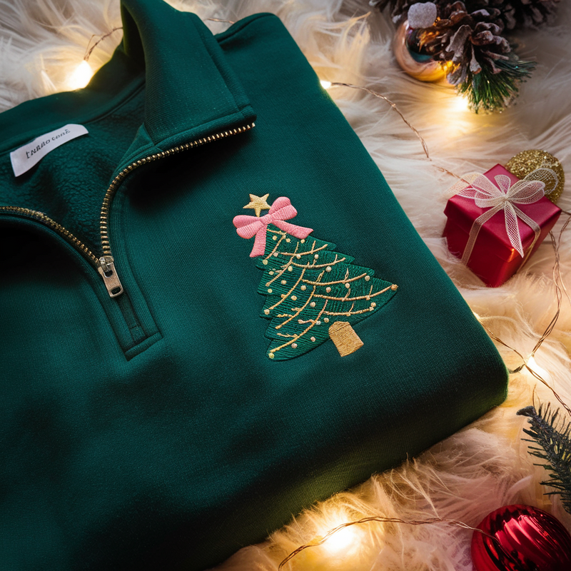 Embroidered Christmas Tree Quarter Zip Sweatshirt: Chrismas Coquette Shirt, Christmas Gift for family, Coquette Holiday Style
