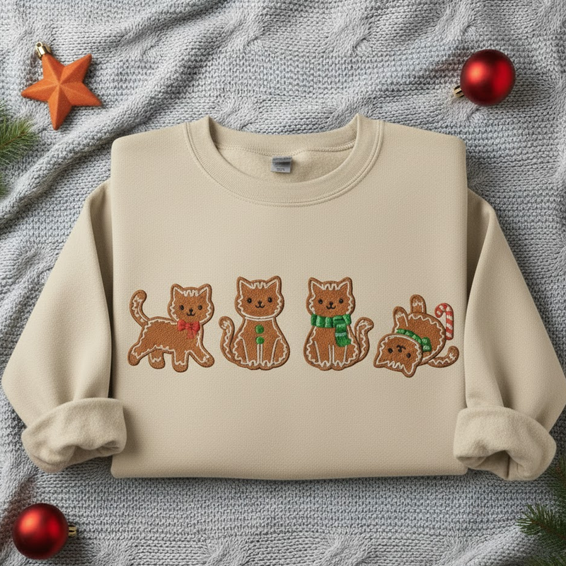 Gingerbread Cat Embroidered Sweatshirt, Christmas Cat Lover Crewneck, Christmas Embroidered Kitten Holiday Hoodie, Cat Mom Shirt, Cozy Holiday Cat Mom Sweater