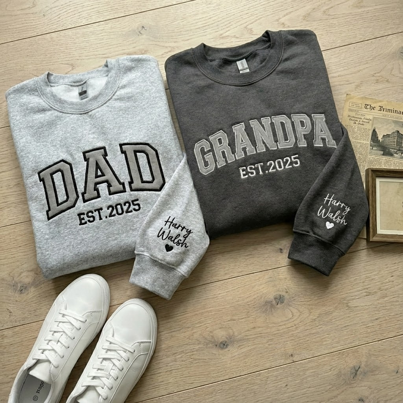 Custom Dad & Grandpa Embroidered Sweatshirt, Name On Sleeve With Heart, Grandpa Shirt With Date, Gift for New Mom and Dad, Father's Day Gif